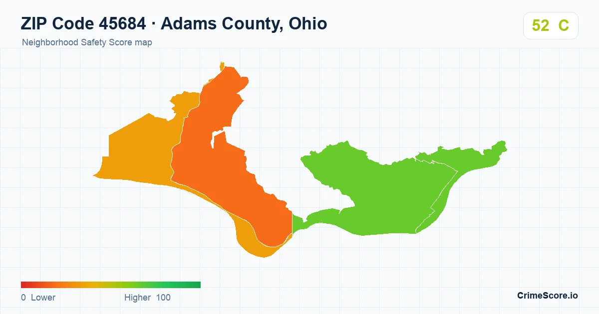 ZIP Code 45684 in Adams County, Ohio neighborhood Safety Score map