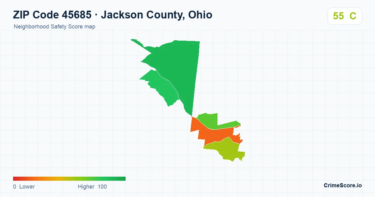 ZIP Code 45685 in Jackson County, Ohio neighborhood Safety Score map