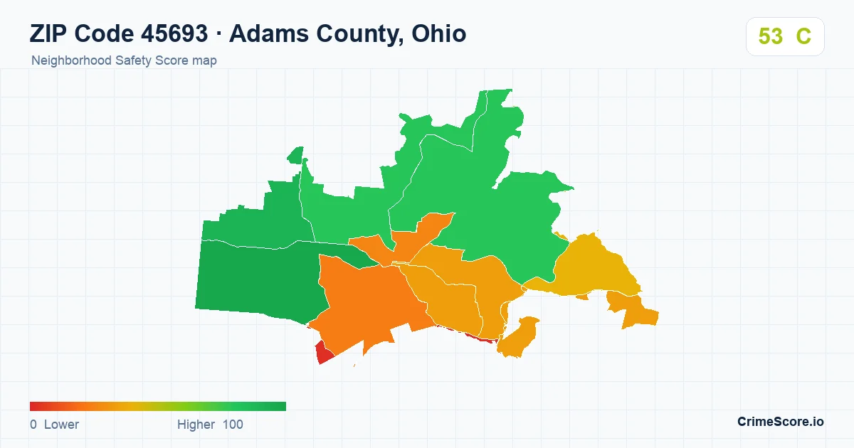 ZIP Code 45693 in Adams County, Ohio neighborhood Safety Score map