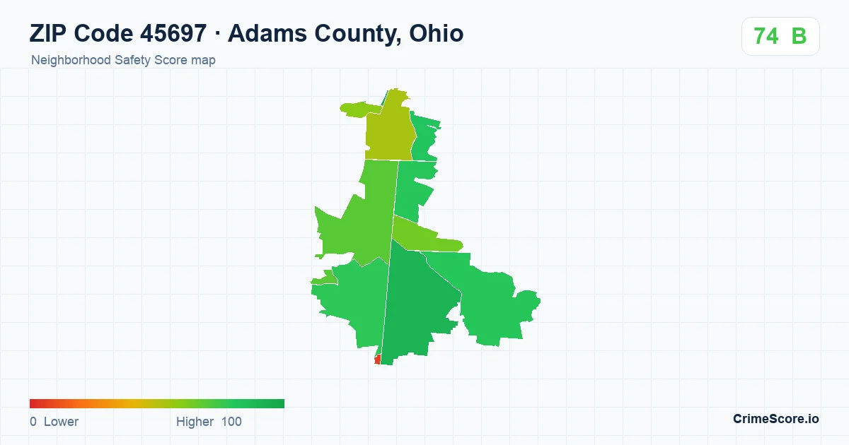ZIP Code 45697 in Adams County, Ohio neighborhood Safety Score map