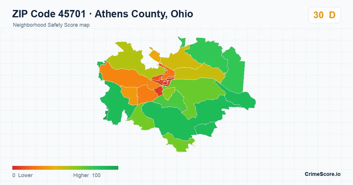 ZIP Code 45701 in Athens County, Ohio neighborhood Safety Score map