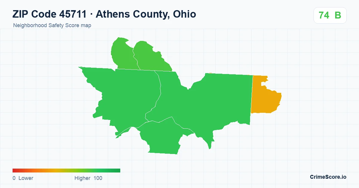 ZIP Code 45711 in Athens County, Ohio neighborhood Safety Score map