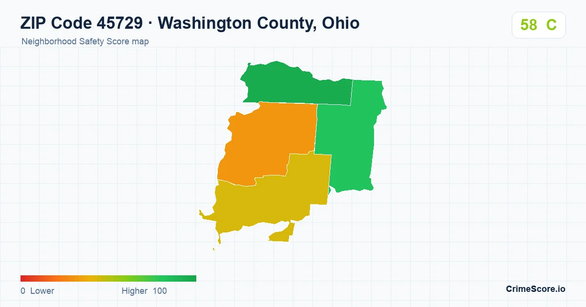 ZIP Code 45729 in Washington County, Ohio neighborhood Safety Score map