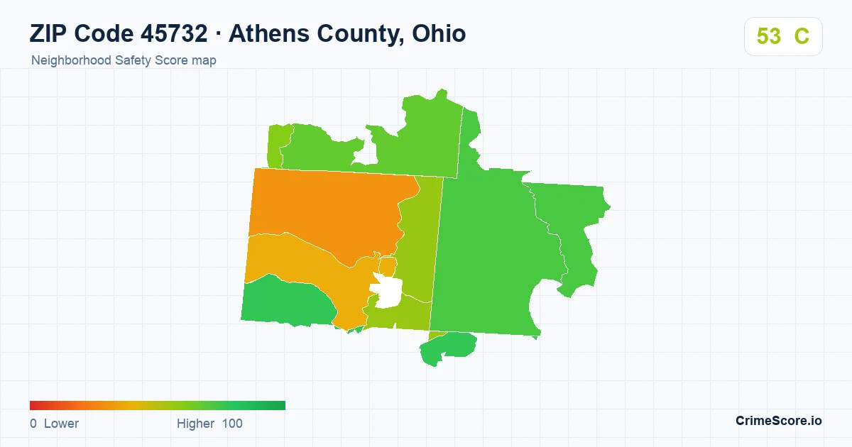 ZIP Code 45732 in Athens County, Ohio neighborhood Safety Score map
