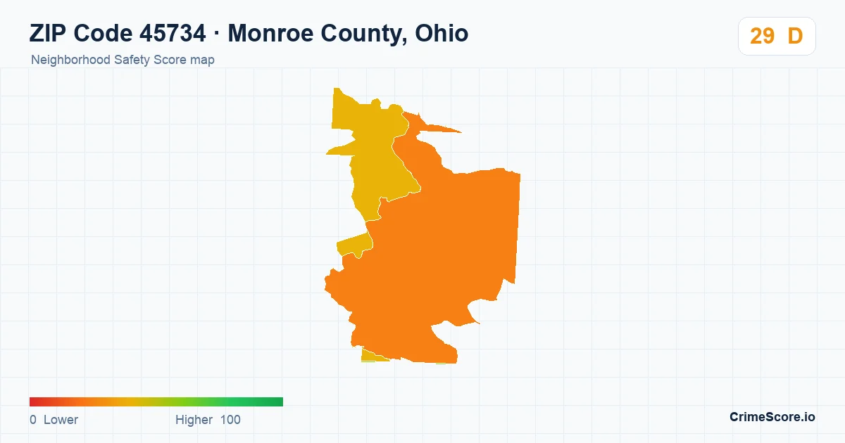 ZIP Code 45734 in Monroe County, Ohio neighborhood Safety Score map