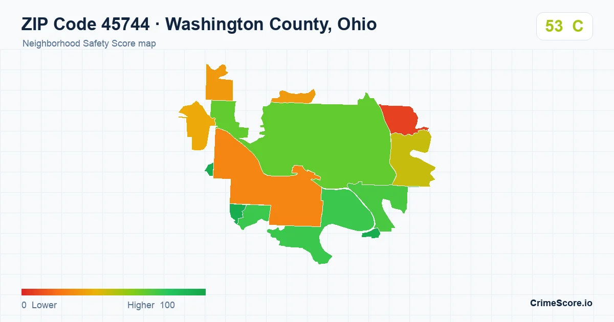 ZIP Code 45744 in Washington County, Ohio neighborhood Safety Score map