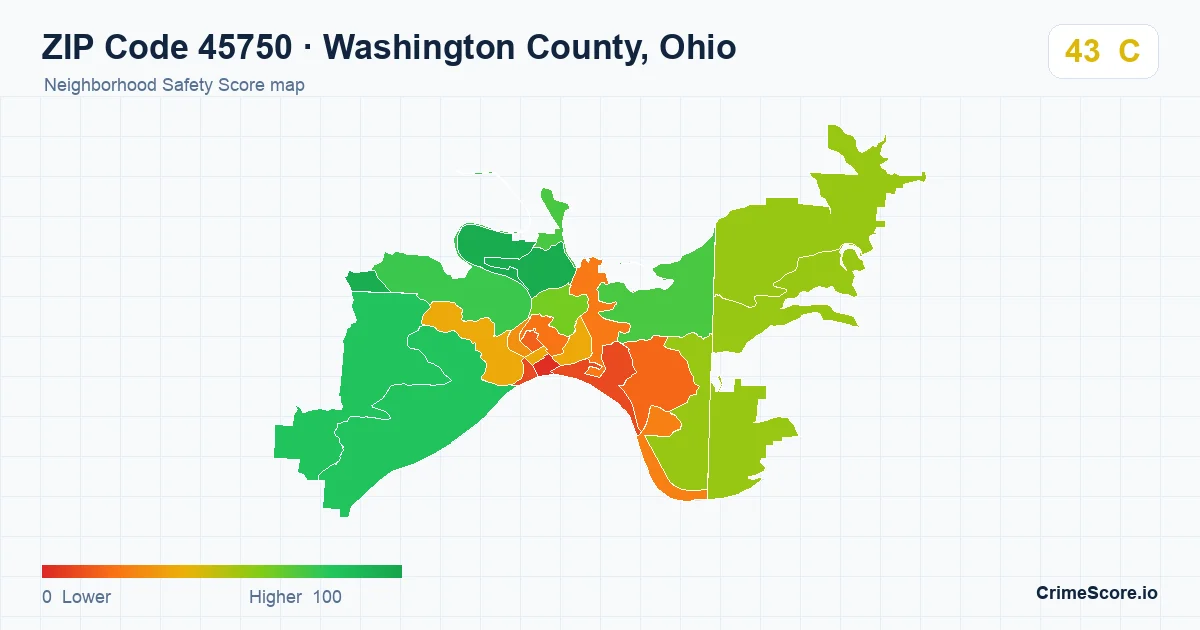 ZIP Code 45750 in Washington County, Ohio neighborhood Safety Score map