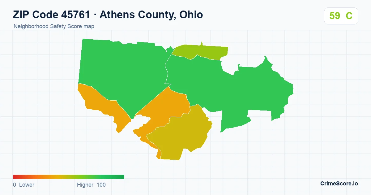 ZIP Code 45761 in Athens County, Ohio neighborhood Safety Score map
