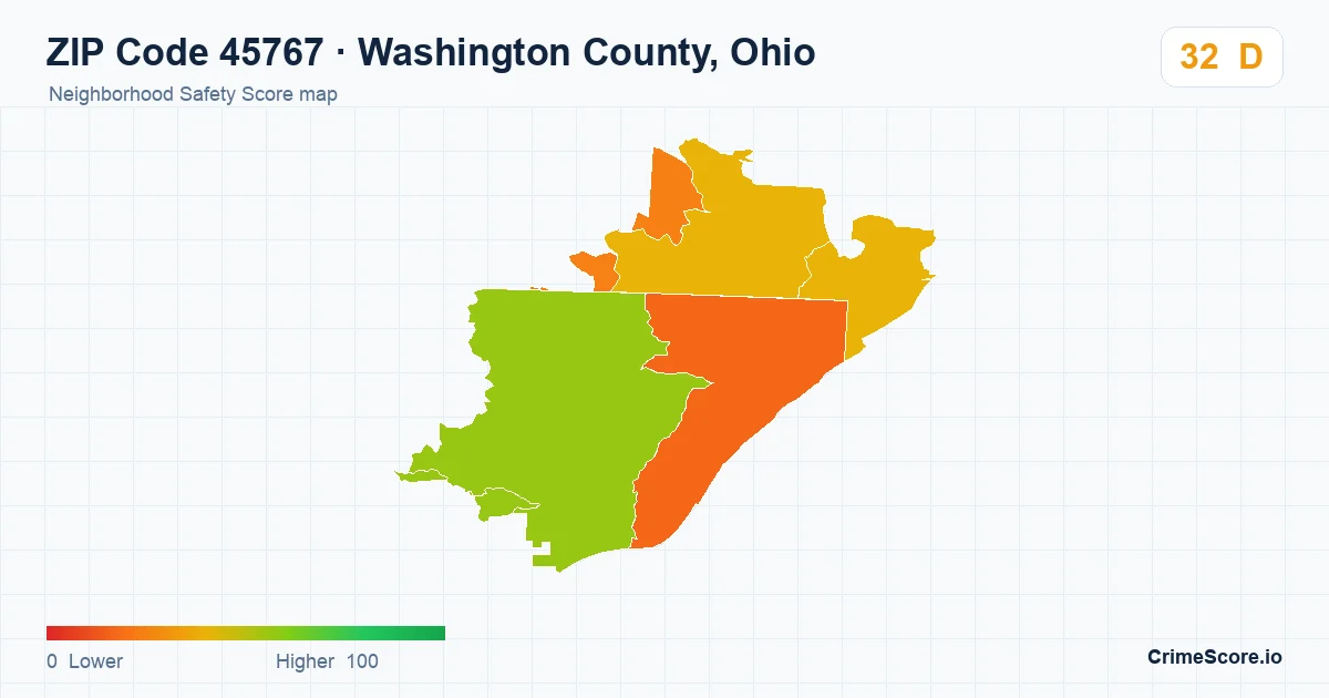 ZIP Code 45767 in Washington County, Ohio neighborhood Safety Score map