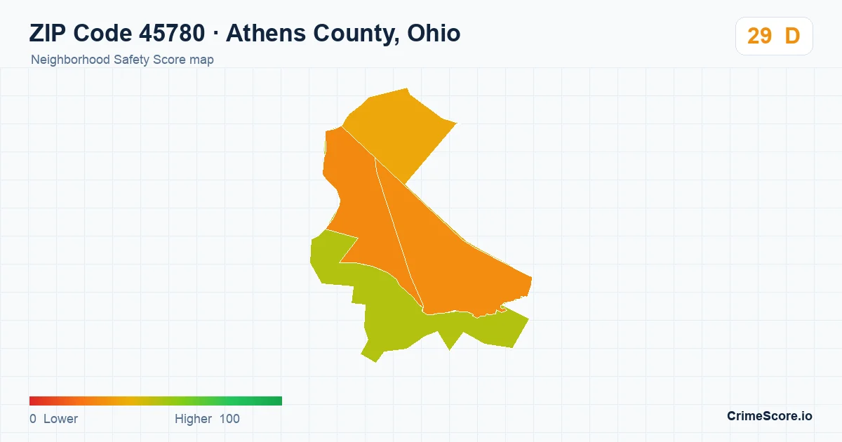 ZIP Code 45780 in Athens County, Ohio neighborhood Safety Score map