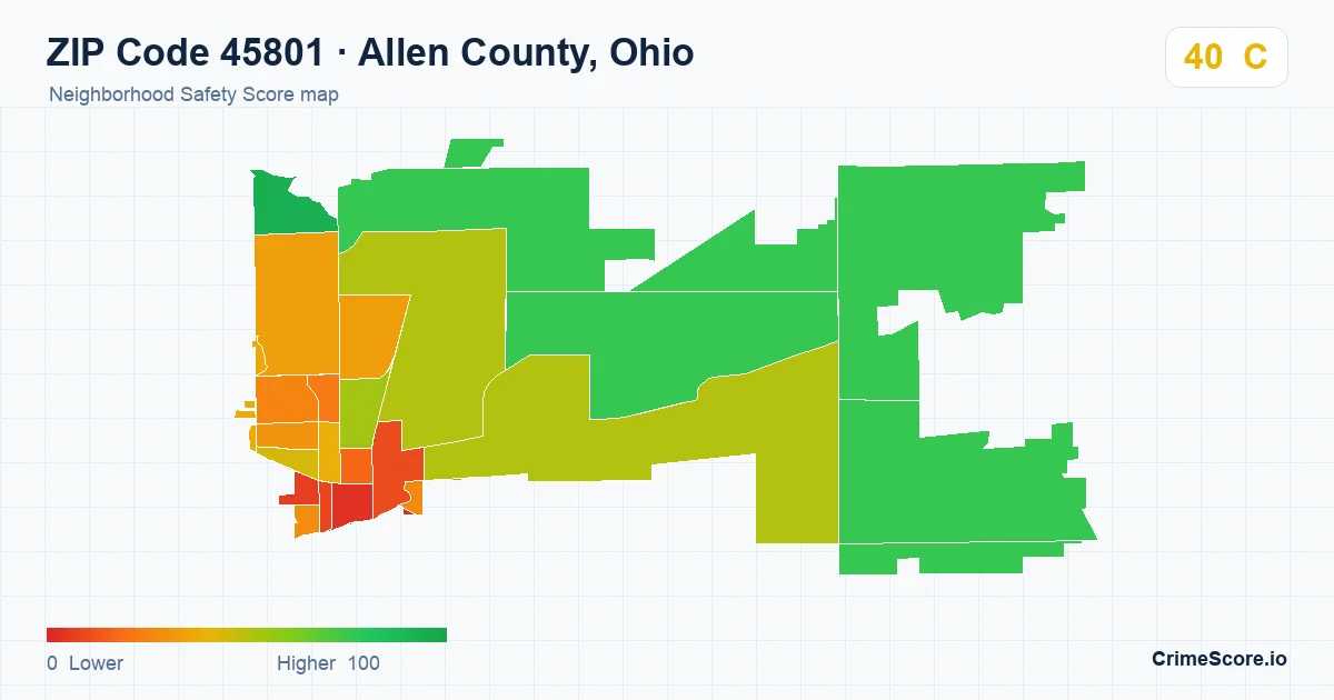 ZIP Code 45801 in Allen County, Ohio neighborhood Safety Score map