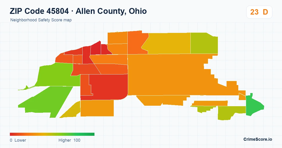 ZIP Code 45804 in Allen County, Ohio neighborhood Safety Score map