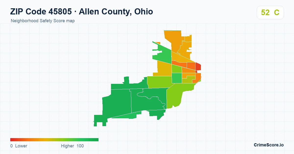 ZIP Code 45805 in Allen County, Ohio neighborhood Safety Score map