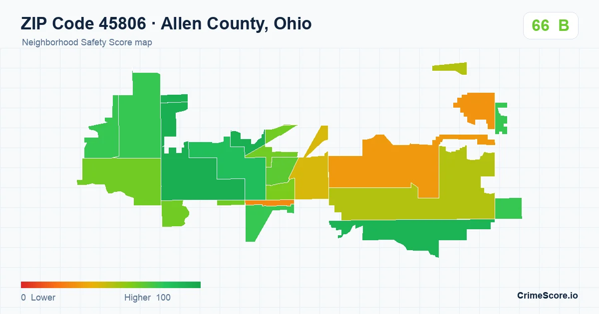 ZIP Code 45806 in Allen County, Ohio neighborhood Safety Score map
