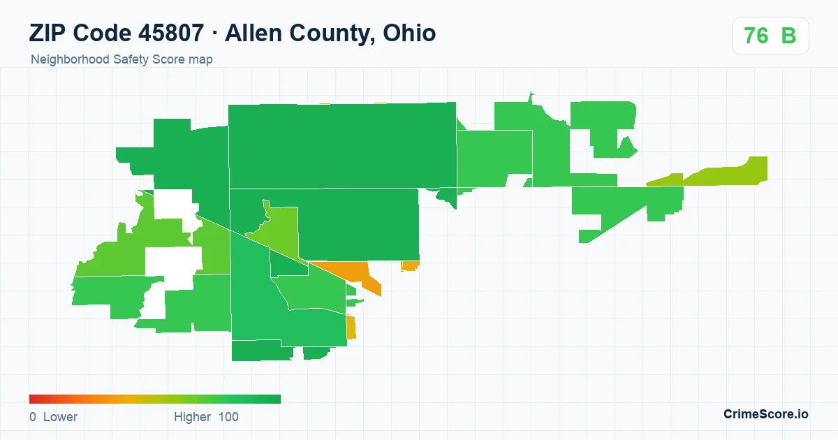 ZIP Code 45807 in Allen County, Ohio neighborhood Safety Score map