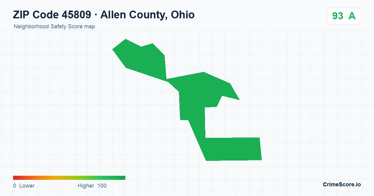 ZIP Code 45809 in Allen County, Ohio neighborhood Safety Score map