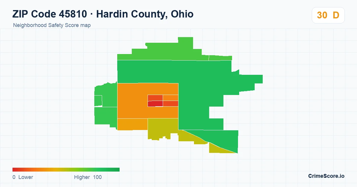 ZIP Code 45810 in Hardin County, Ohio neighborhood Safety Score map
