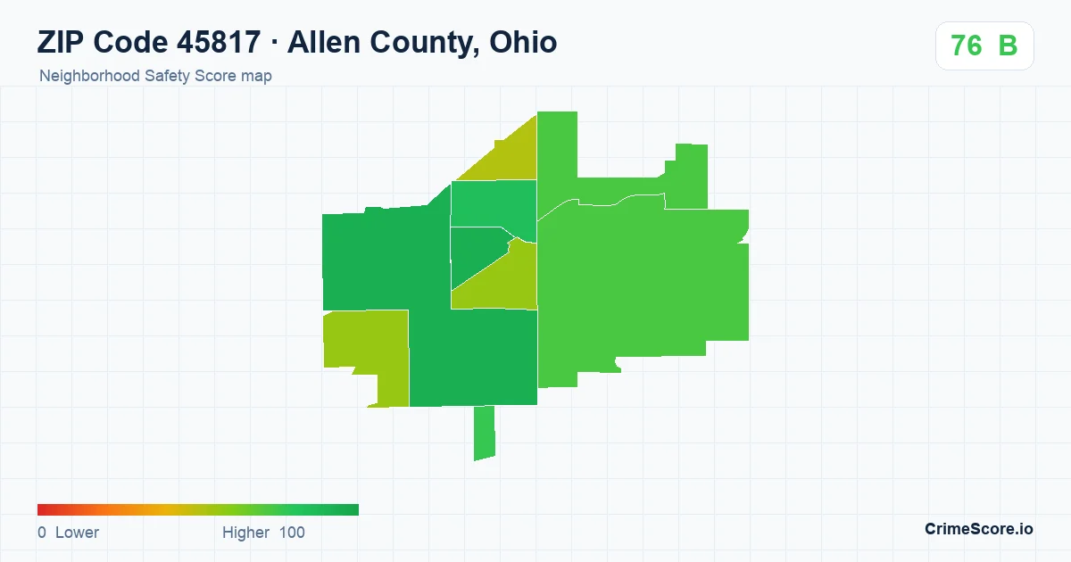 ZIP Code 45817 in Allen County, Ohio neighborhood Safety Score map