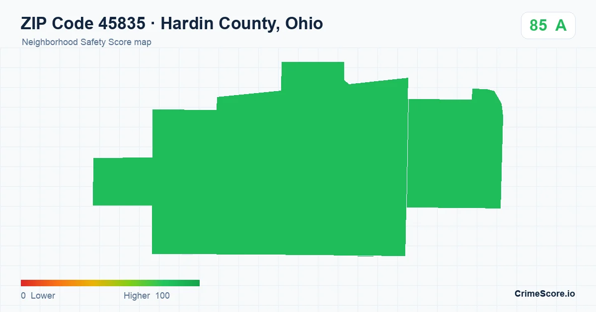 ZIP Code 45835 in Hardin County, Ohio neighborhood Safety Score map