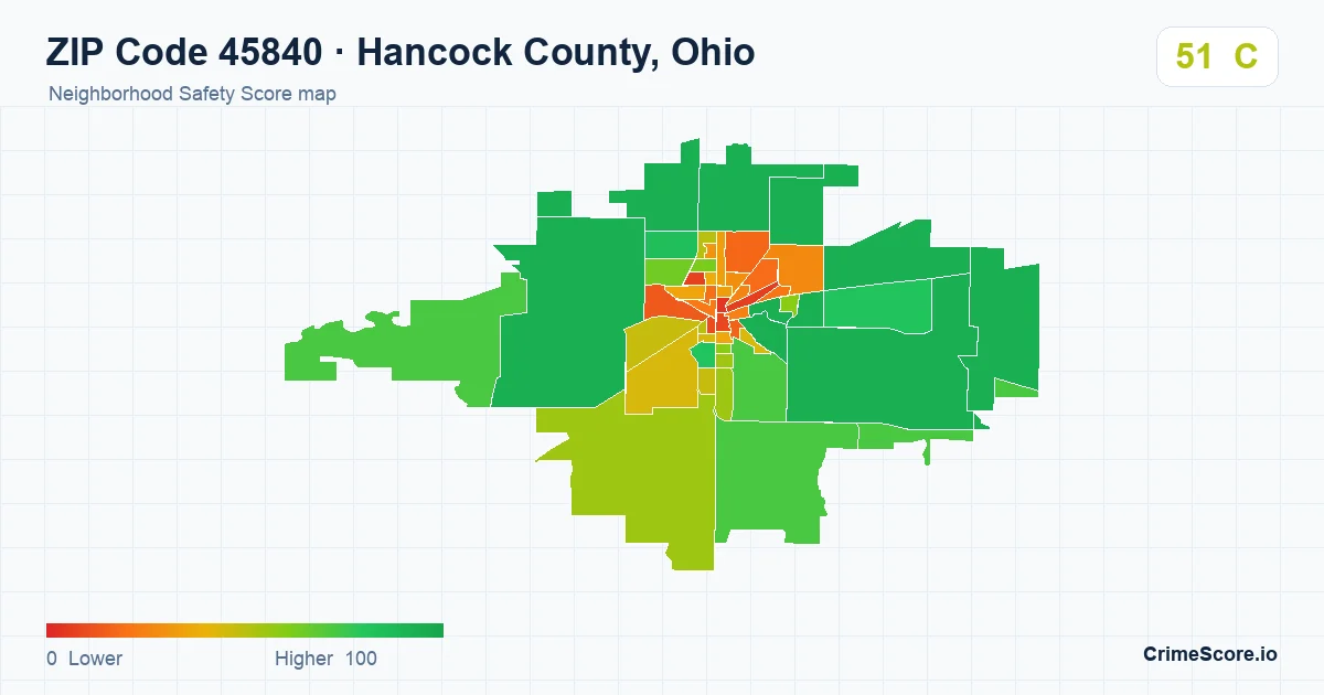 ZIP Code 45840 in Hancock County, Ohio neighborhood Safety Score map