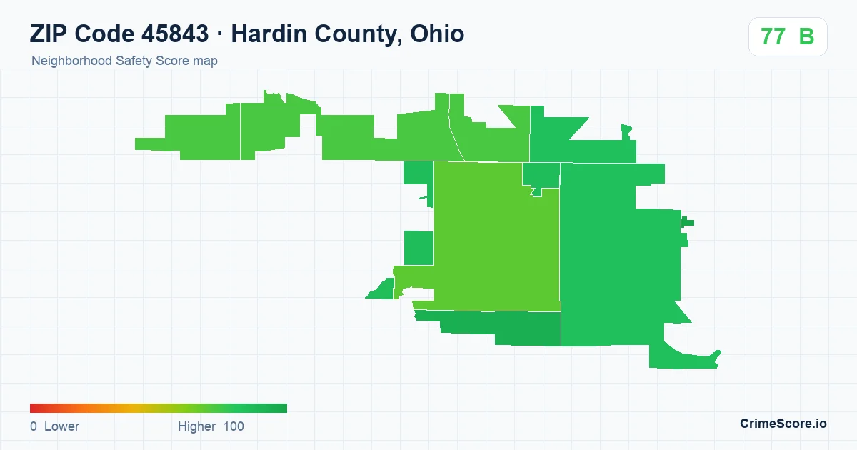 ZIP Code 45843 in Hardin County, Ohio neighborhood Safety Score map