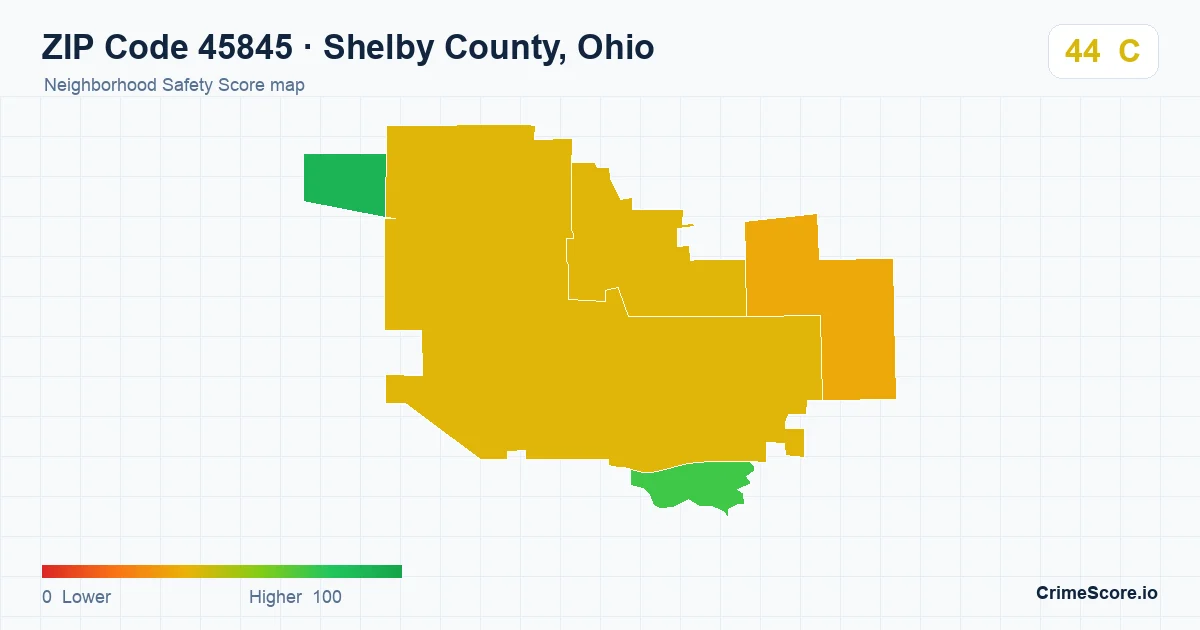 ZIP Code 45845 in Shelby County, Ohio neighborhood Safety Score map