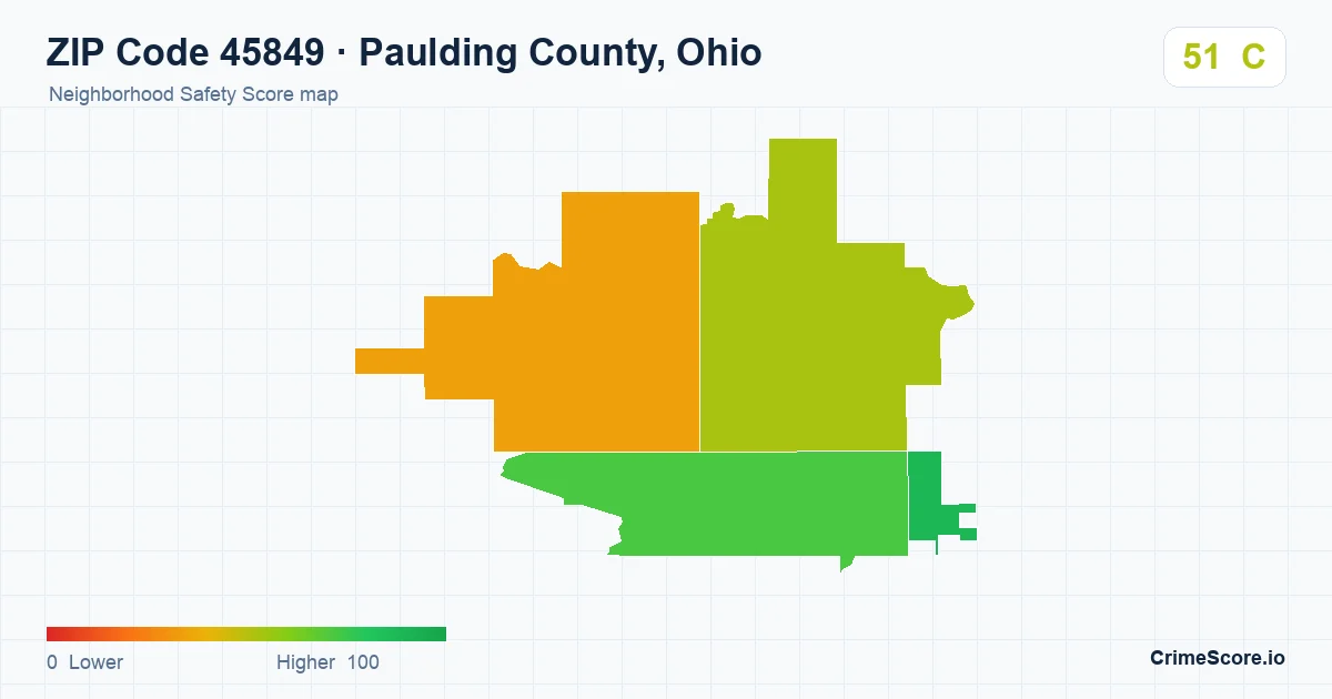 ZIP Code 45849 in Paulding County, Ohio neighborhood Safety Score map