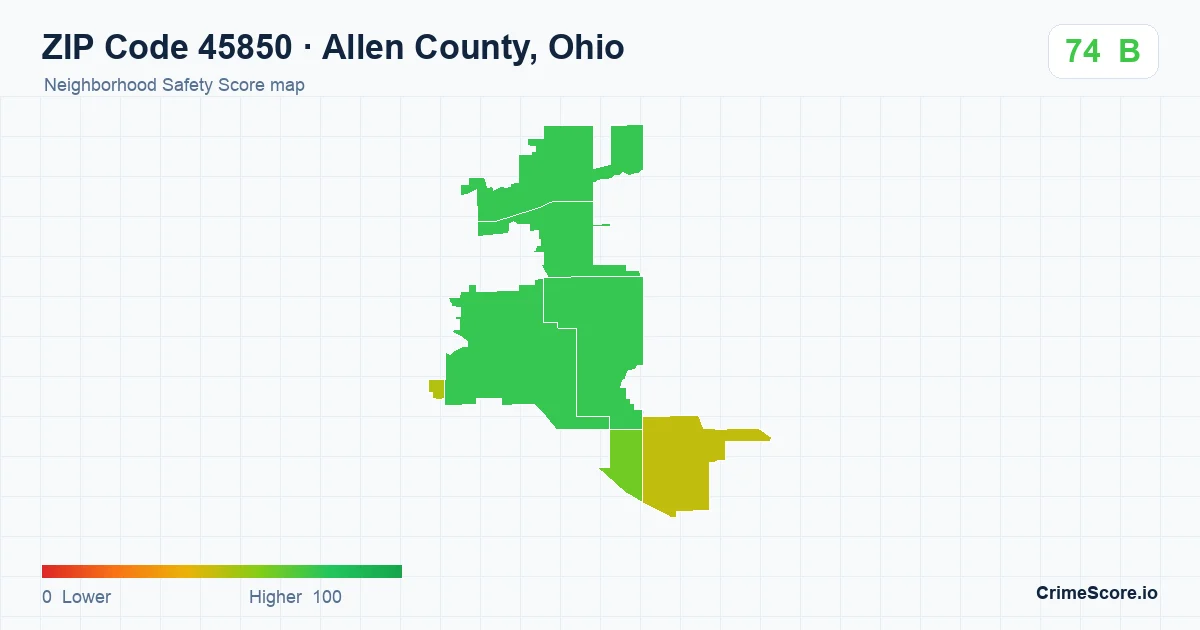 ZIP Code 45850 in Allen County, Ohio neighborhood Safety Score map