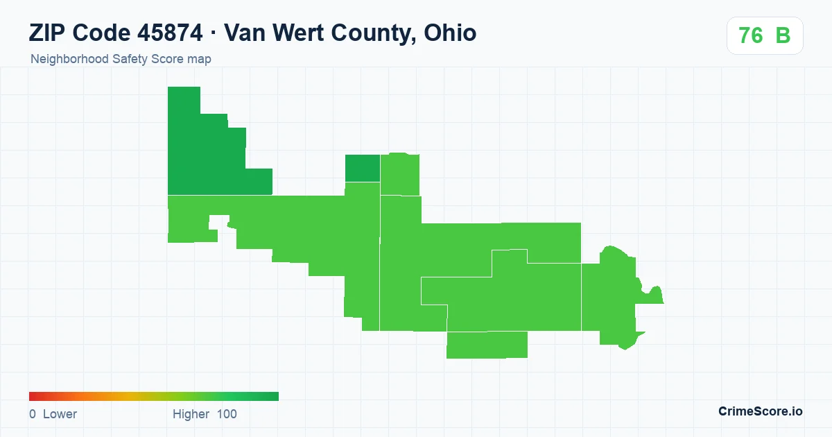 ZIP Code 45874 in Van Wert County, Ohio neighborhood Safety Score map