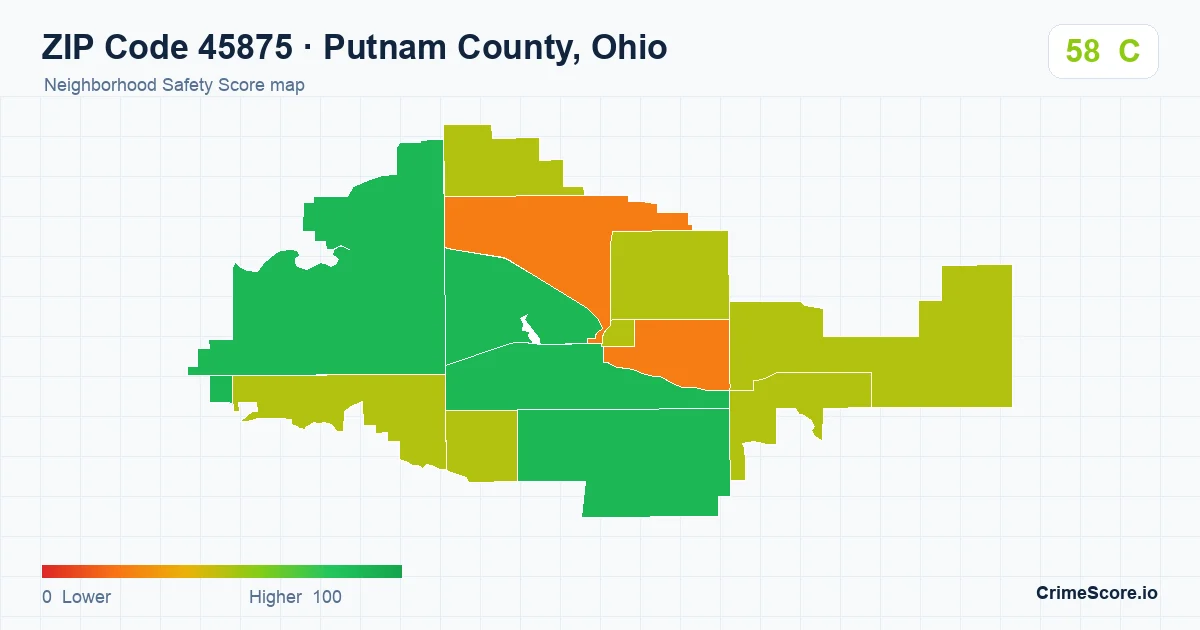ZIP Code 45875 in Putnam County, Ohio neighborhood Safety Score map