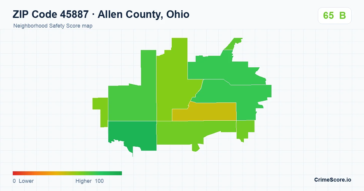 ZIP Code 45887 in Allen County, Ohio neighborhood Safety Score map