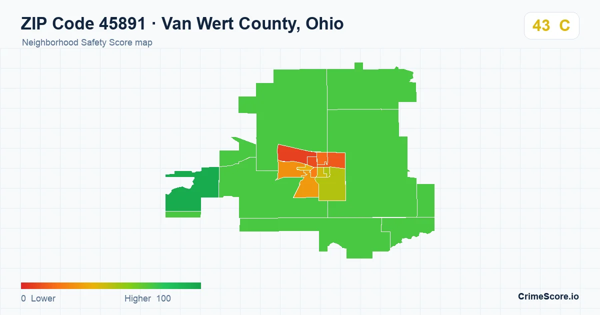 ZIP Code 45891 in Van Wert County, Ohio neighborhood Safety Score map