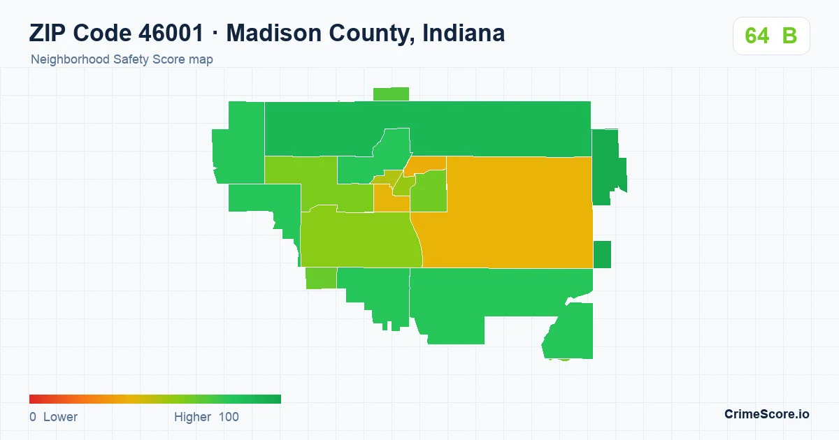 ZIP Code 46001 in Madison County, Indiana neighborhood Safety Score map