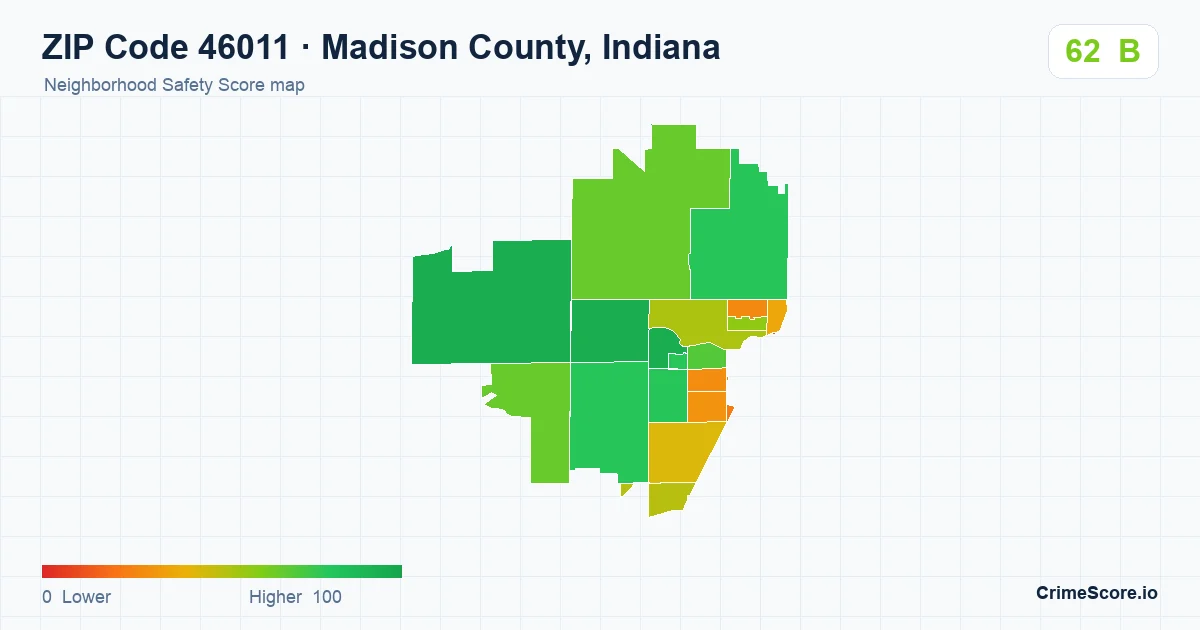 ZIP Code 46011 in Madison County, Indiana neighborhood Safety Score map