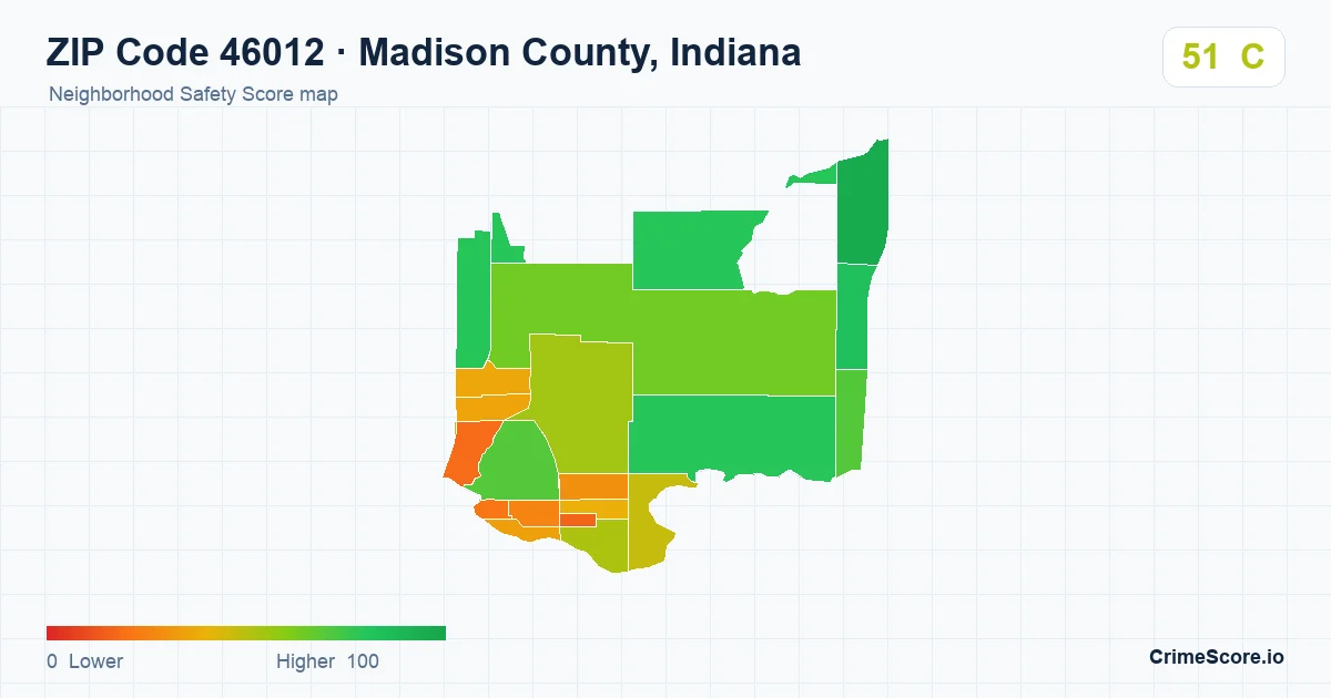 ZIP Code 46012 in Madison County, Indiana neighborhood Safety Score map