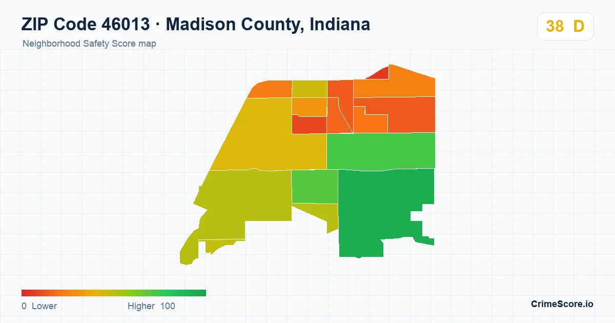 ZIP Code 46013 in Madison County, Indiana neighborhood Safety Score map