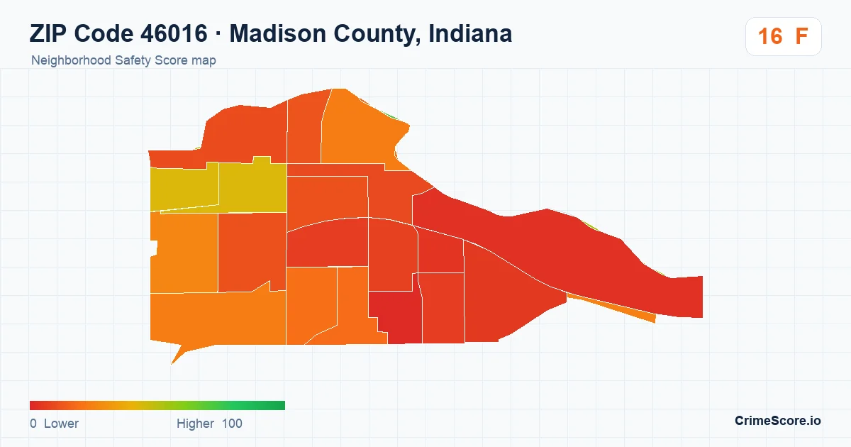 ZIP Code 46016 in Madison County, Indiana neighborhood Safety Score map