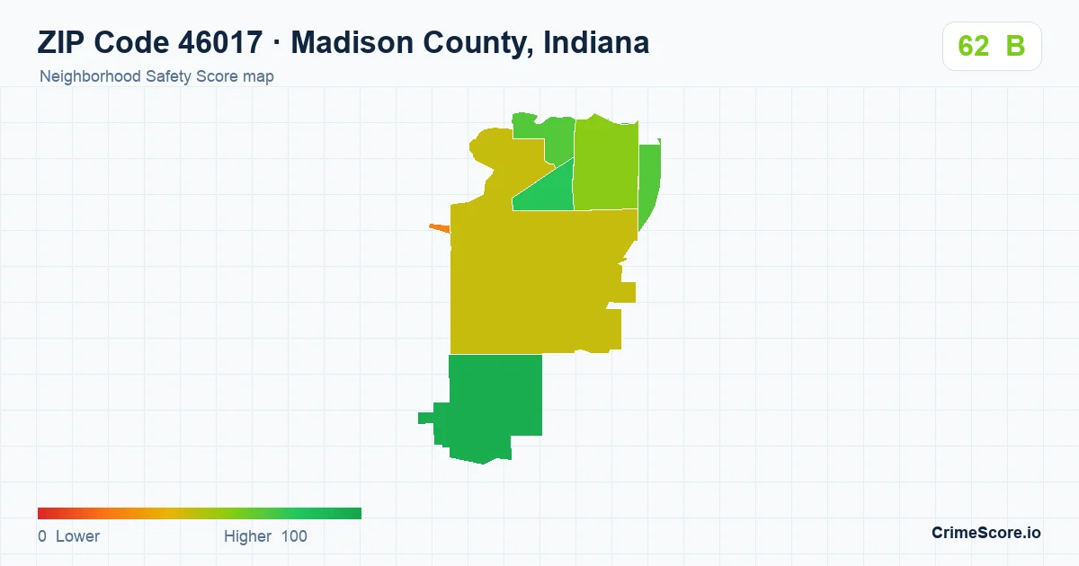 ZIP Code 46017 in Madison County, Indiana neighborhood Safety Score map
