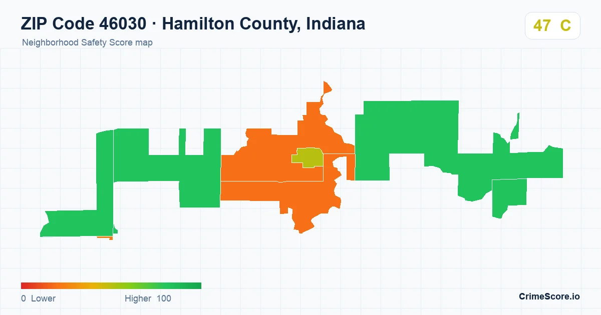 ZIP Code 46030 in Hamilton County, Indiana neighborhood Safety Score map
