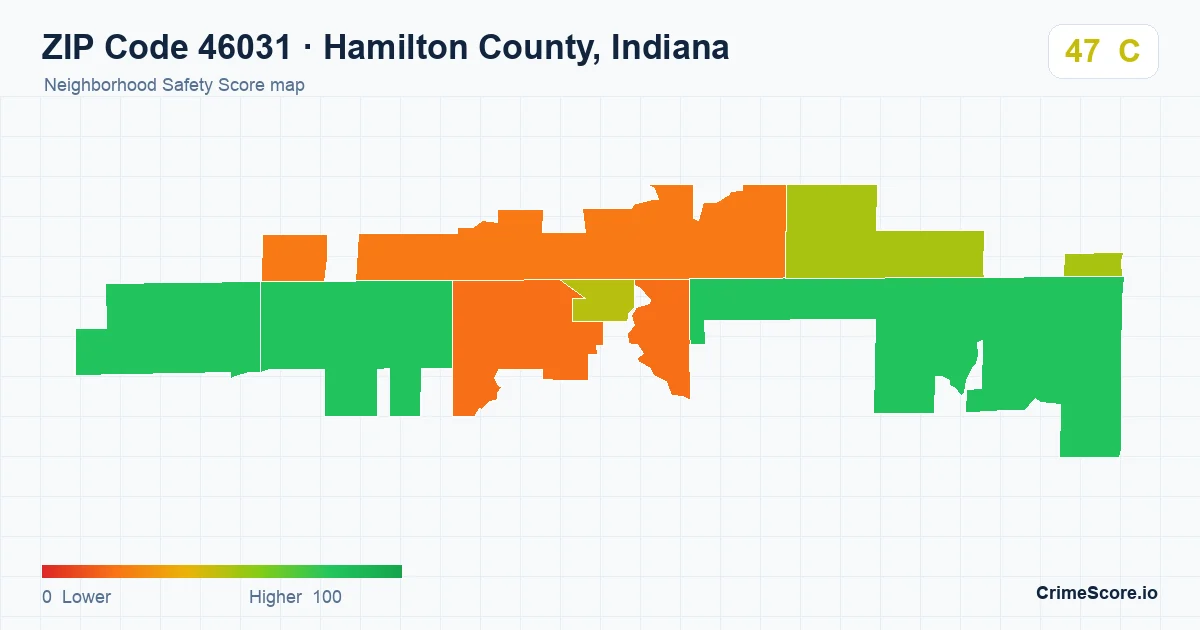 ZIP Code 46031 in Hamilton County, Indiana neighborhood Safety Score map