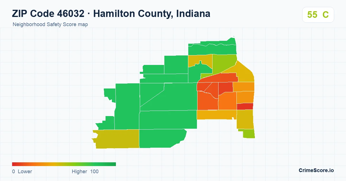 ZIP Code 46032 in Hamilton County, Indiana neighborhood Safety Score map