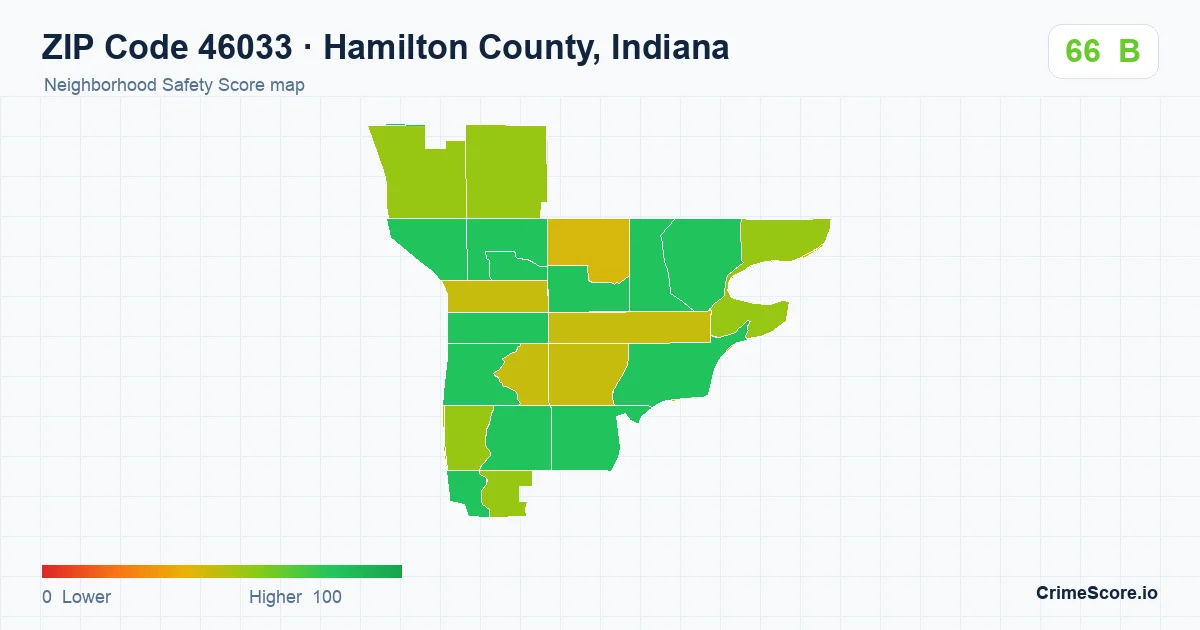 ZIP Code 46033 in Hamilton County, Indiana neighborhood Safety Score map