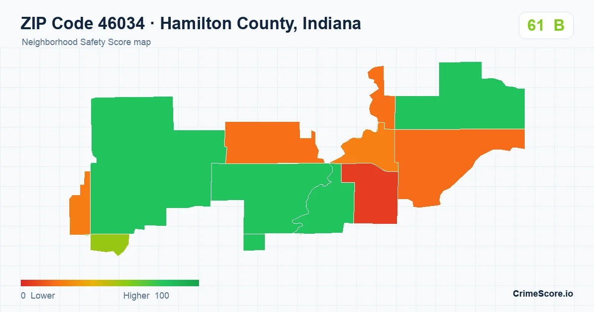 ZIP Code 46034 in Hamilton County, Indiana neighborhood Safety Score map