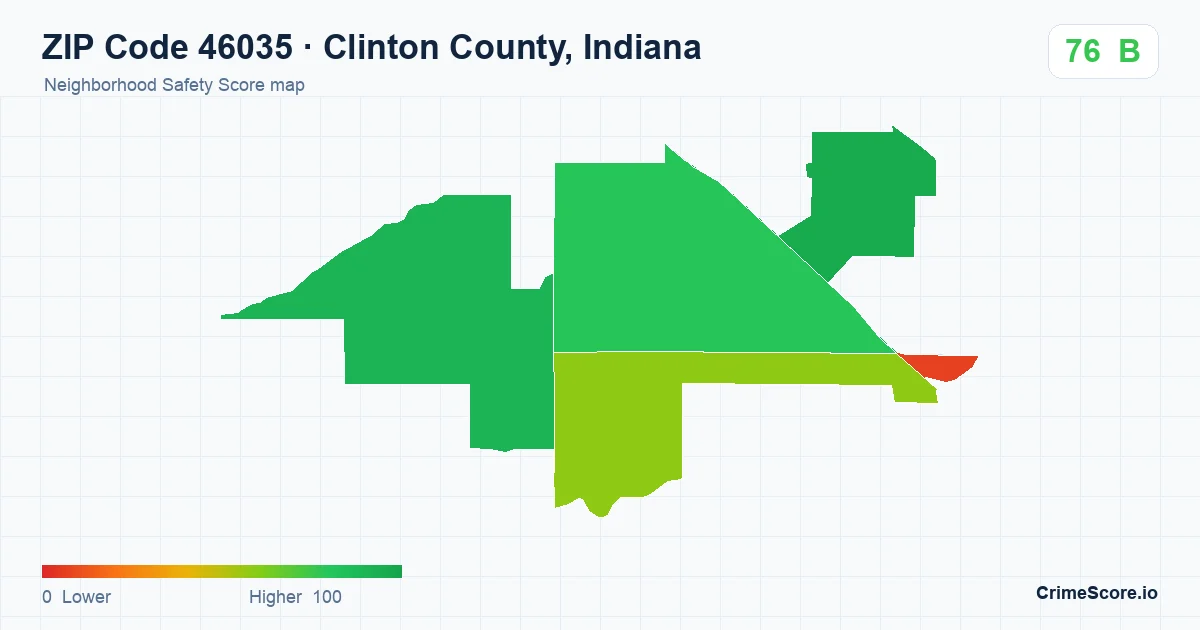 ZIP Code 46035 in Clinton County, Indiana neighborhood Safety Score map