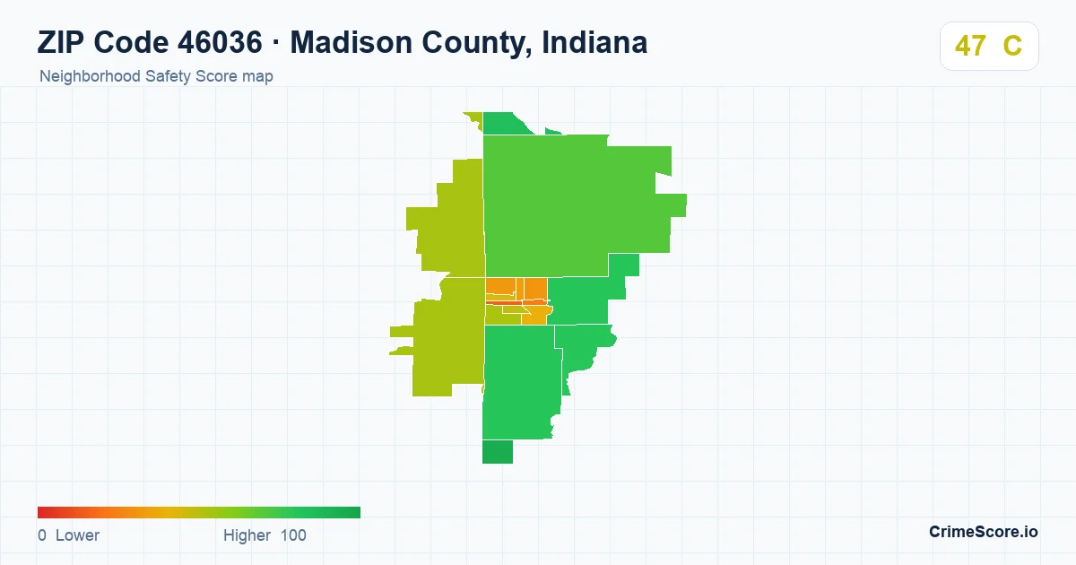 ZIP Code 46036 in Madison County, Indiana neighborhood Safety Score map