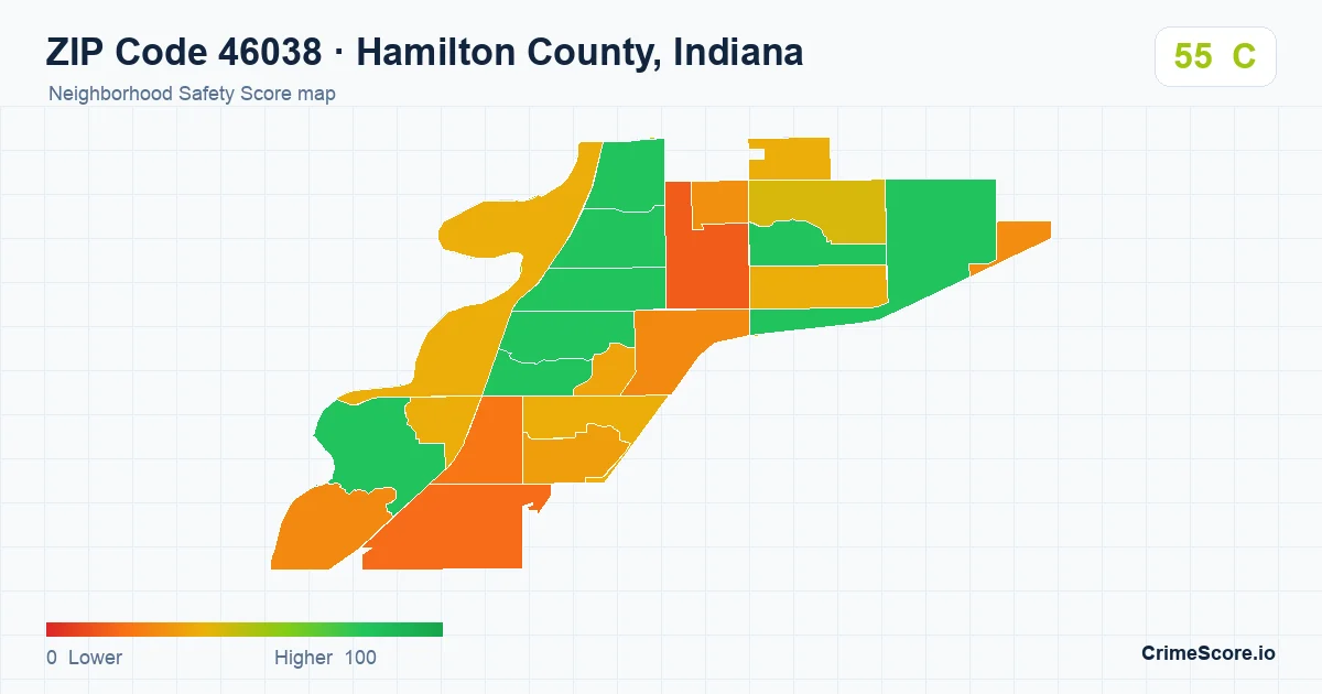 ZIP Code 46038 in Hamilton County, Indiana neighborhood Safety Score map