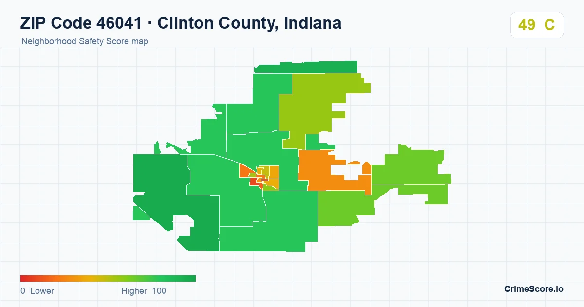 ZIP Code 46041 in Clinton County, Indiana neighborhood Safety Score map