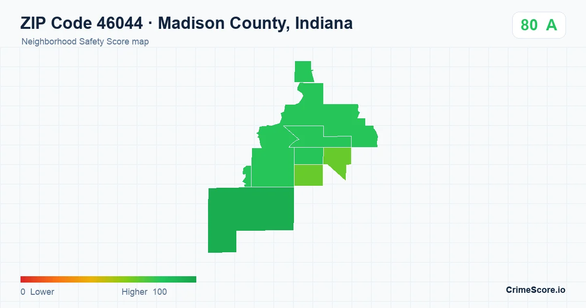 ZIP Code 46044 in Madison County, Indiana neighborhood Safety Score map