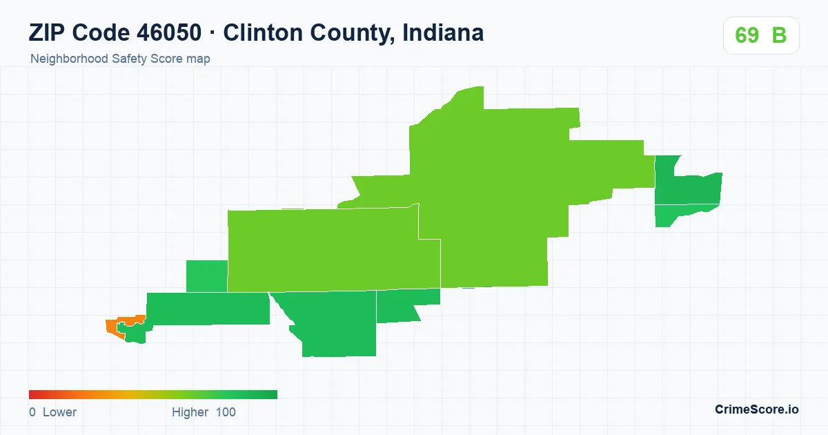ZIP Code 46050 in Clinton County, Indiana neighborhood Safety Score map