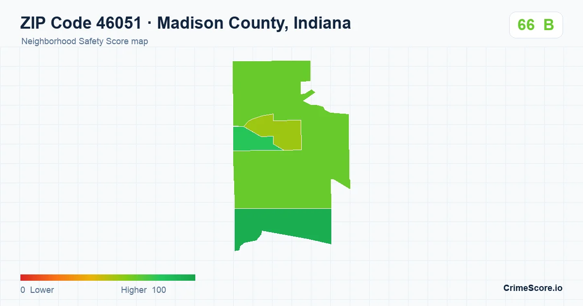 ZIP Code 46051 in Madison County, Indiana neighborhood Safety Score map
